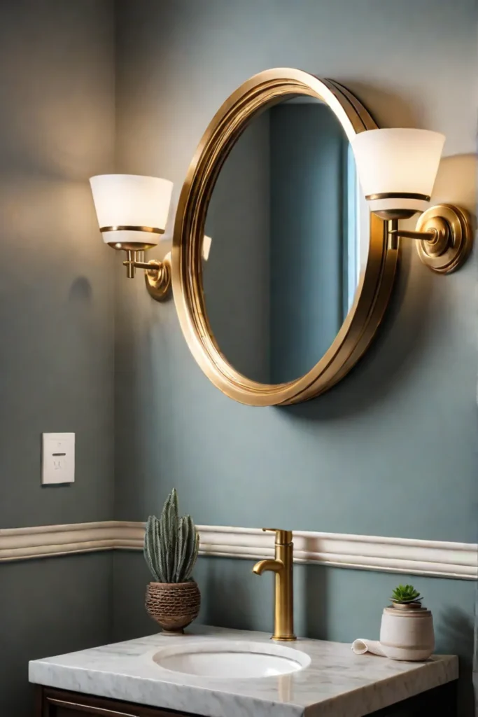A bathroom with a round gold mirror and warm lighting