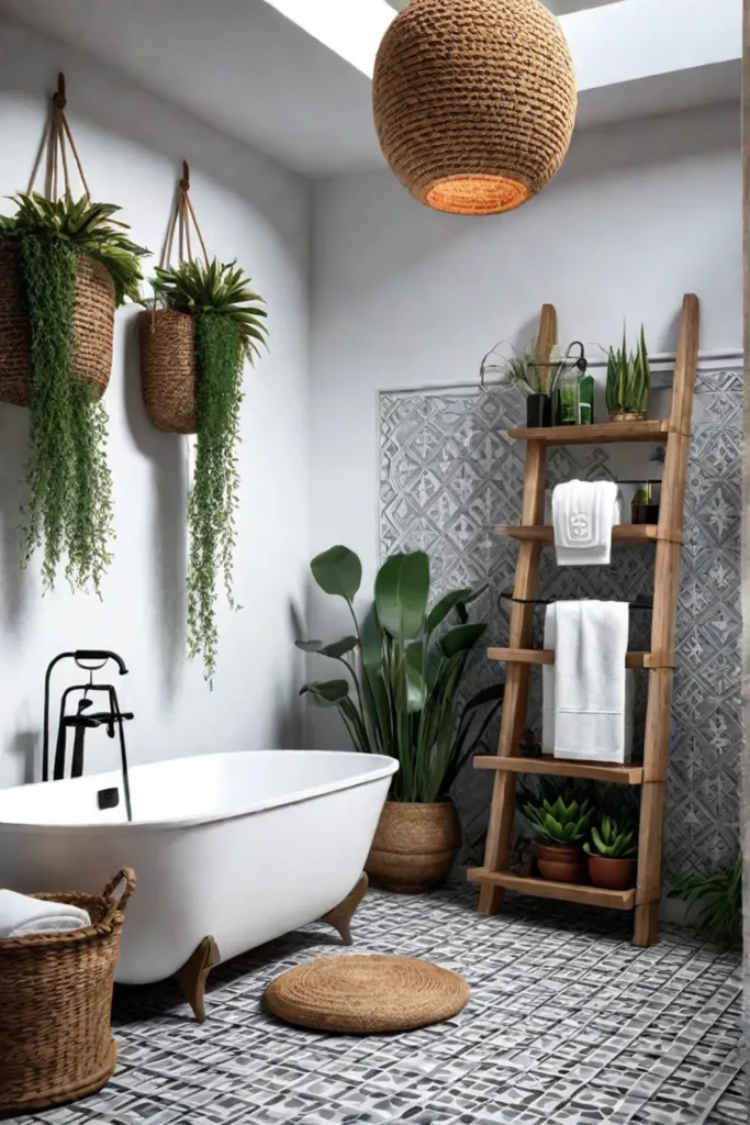 A bohemian bathroom with patterned tiles a freestanding bathtub a wooden ladder