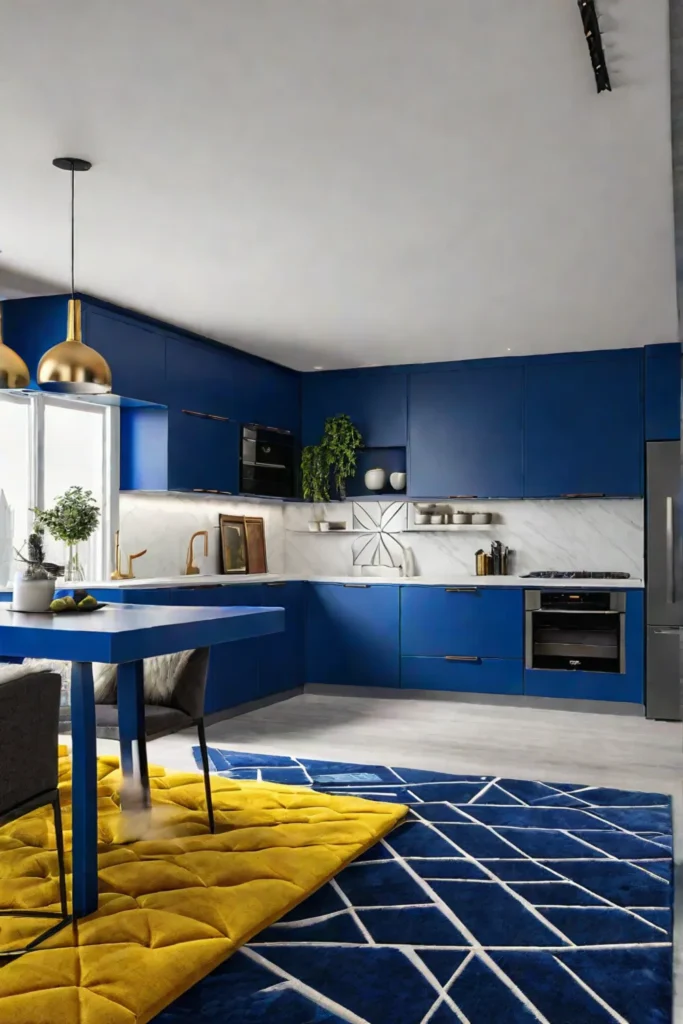 A bold kitchen with cobalt blue cabinets and a yellow backsplash