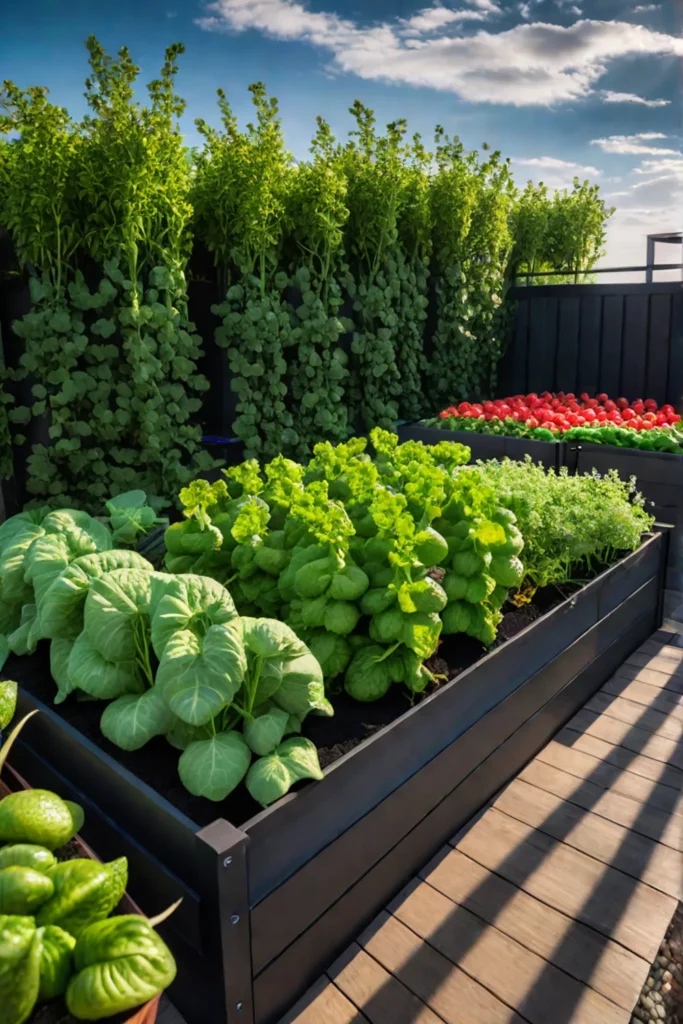 A bountiful rooftop vegetable garden in an urban setting