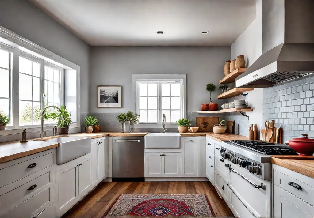 A bright airy kitchen with white cabinets open shelving displaying colorful dishesfeat
