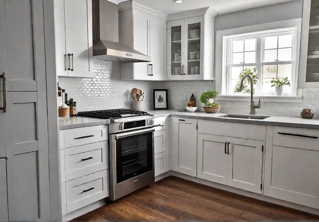 A bright airy kitchen with white shaker cabinets and a light greyfeat