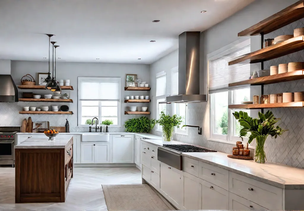 A bright airy kitchen with white shaker cabinets open shelving displaying neatlyfeat