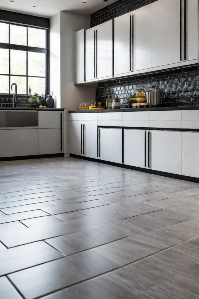 A bright and modern kitchen with a mix of tile and cork