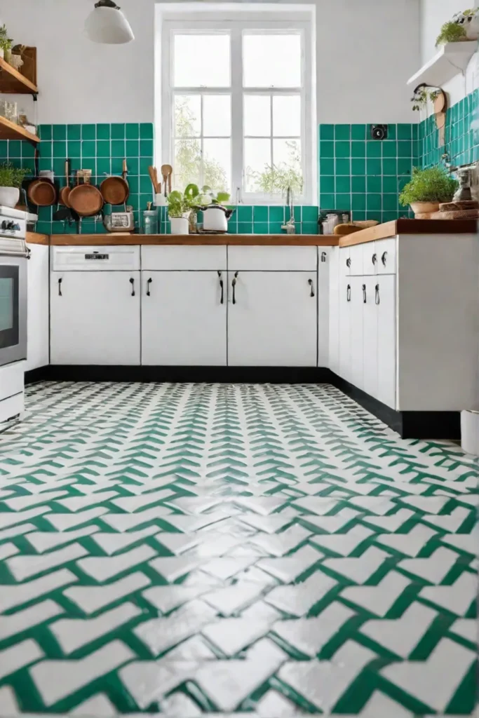 A charming retrostyle kitchen with linoleum flooring colorful vintage appliances and a