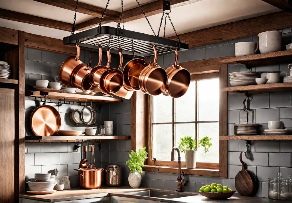 A charming rustic kitchen adorned with a hanging pot rack suspended fromfeat