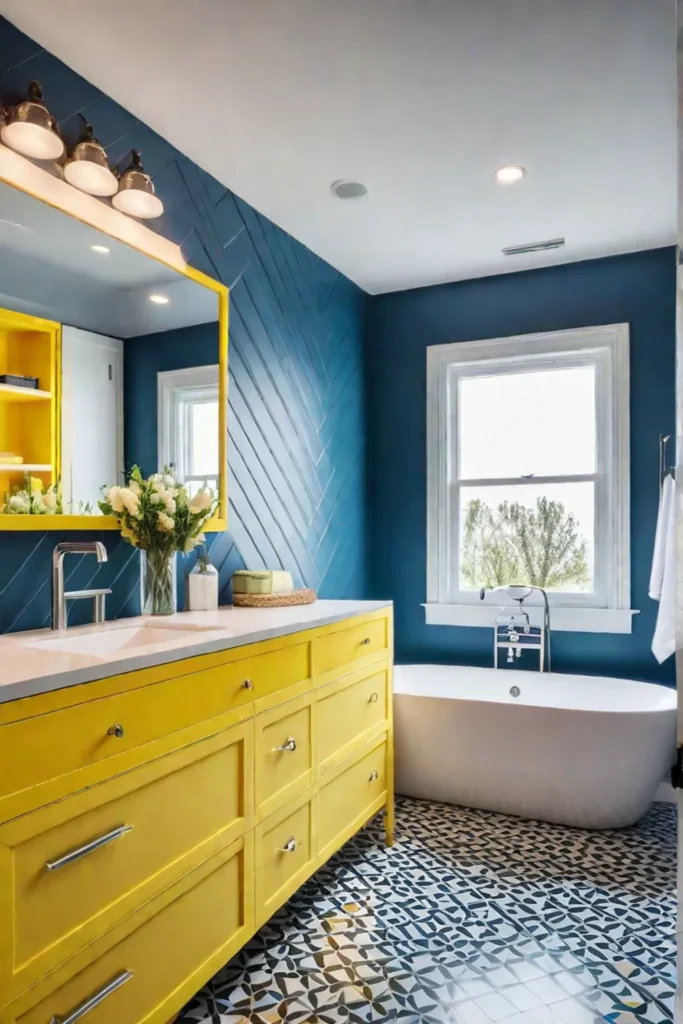 A colorful bathroom with a patterned floor a white bathtub a yellow
