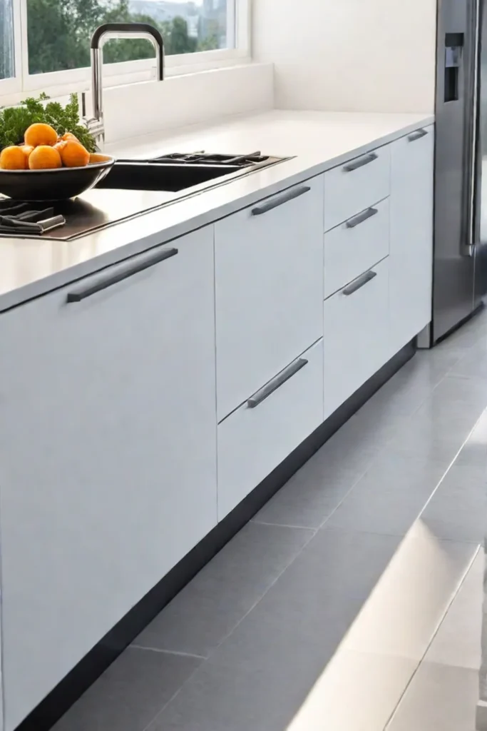 A contemporary kitchen featuring a clean elegant tile floor white cabinetry and