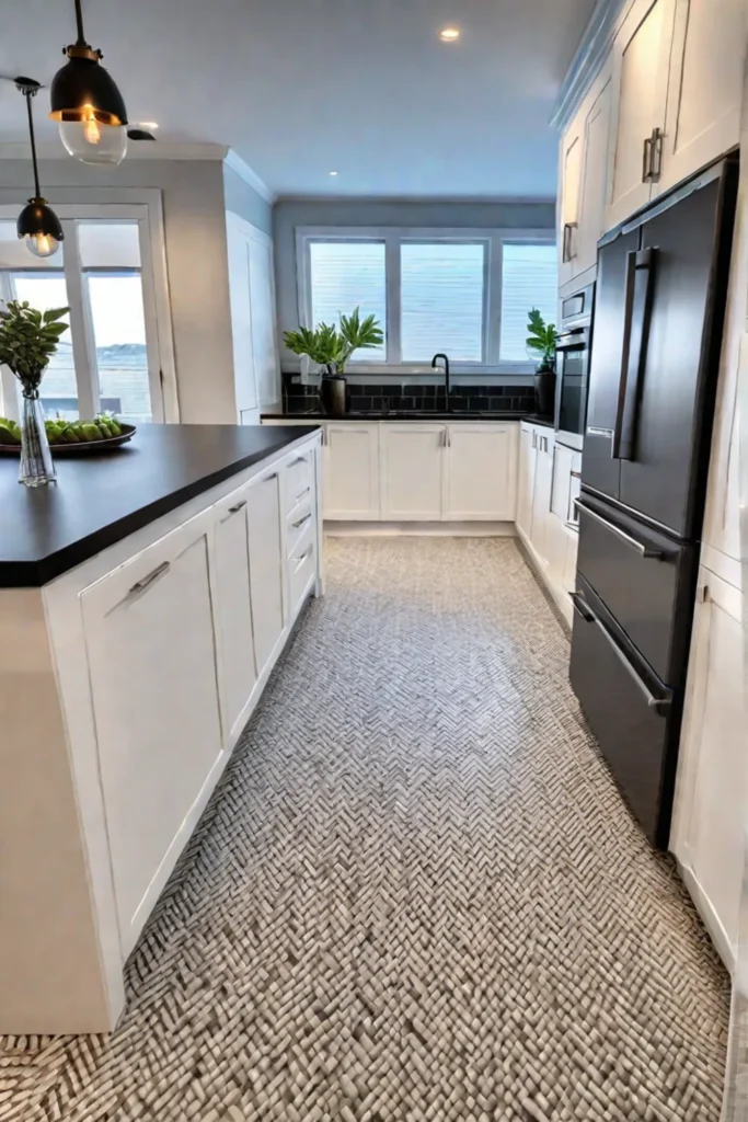A contemporary kitchen interior with a tile floor in a herringbone pattern