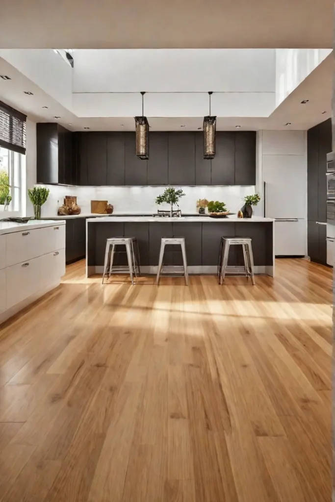 A contemporary kitchen interior with bamboo flooring showcasing its natural beauty and