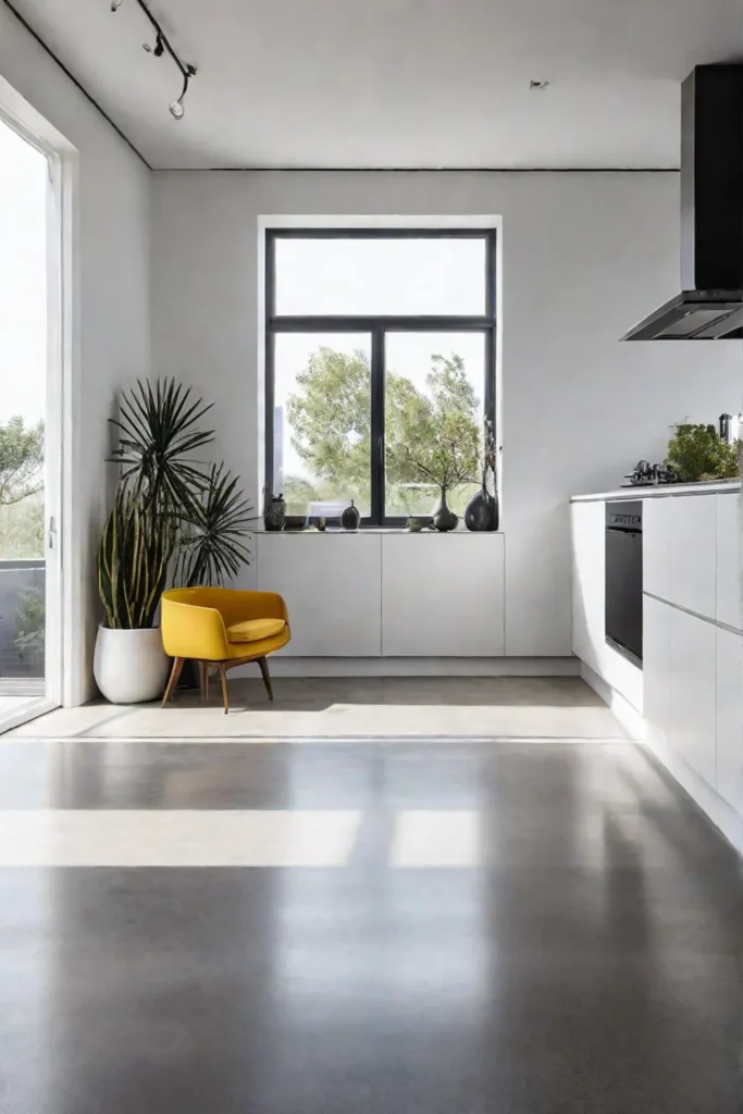 A contemporary kitchen showcasing the clean ecofriendly aesthetic of concrete flooring