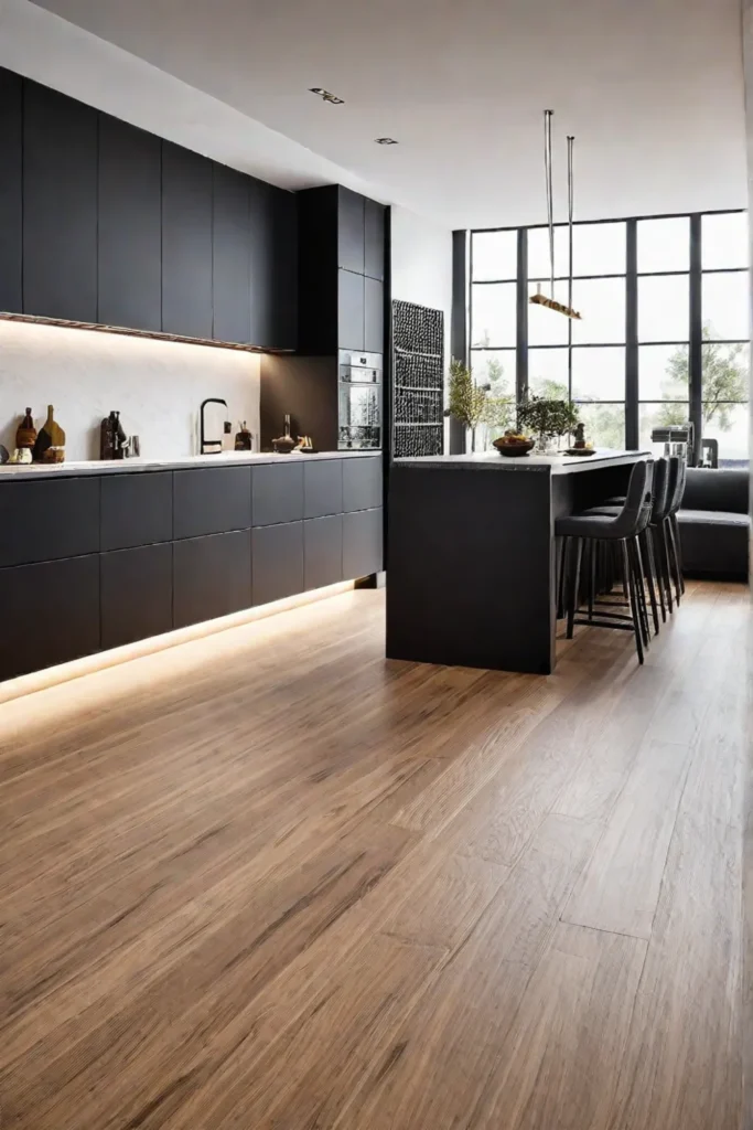 A contemporary kitchen showcasing the versatility of cork flooring combining practicality and