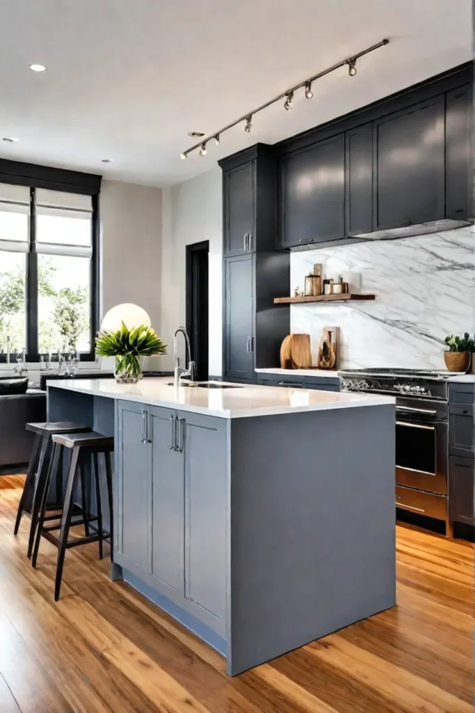 A contemporary kitchen with bamboo flooring cleanlined cabinets and stainless steel appliances