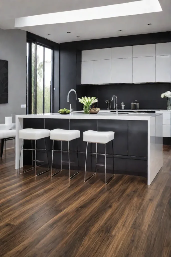 A contemporary kitchen with sleek bamboo flooring clean lines and a minimalist