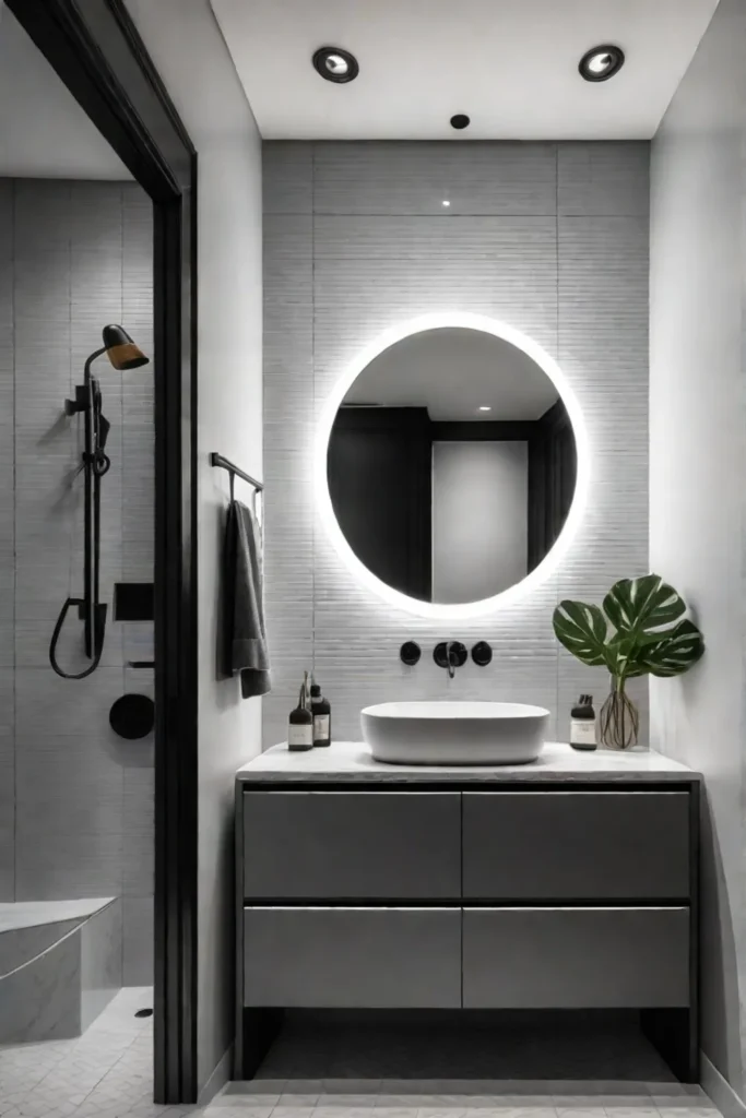 A contemporary small bathroom with white ceramic tiles and contrasting dark gray