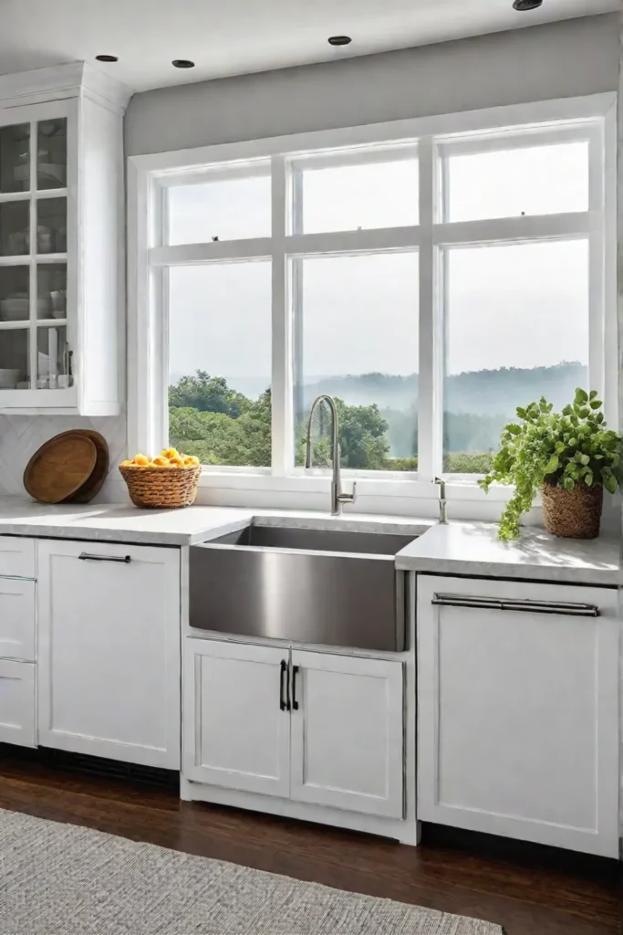 A corner kitchen with white cabinets quartz countertops and a farmhouse sink