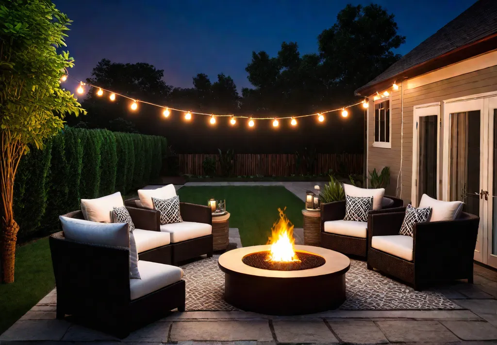 A cozy and inviting backyard patio with comfortable lounge chairs a firefeat