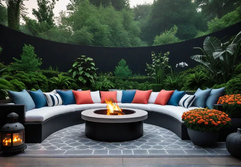 A cozy conversation pit with plush cushions and a fire pit infeat