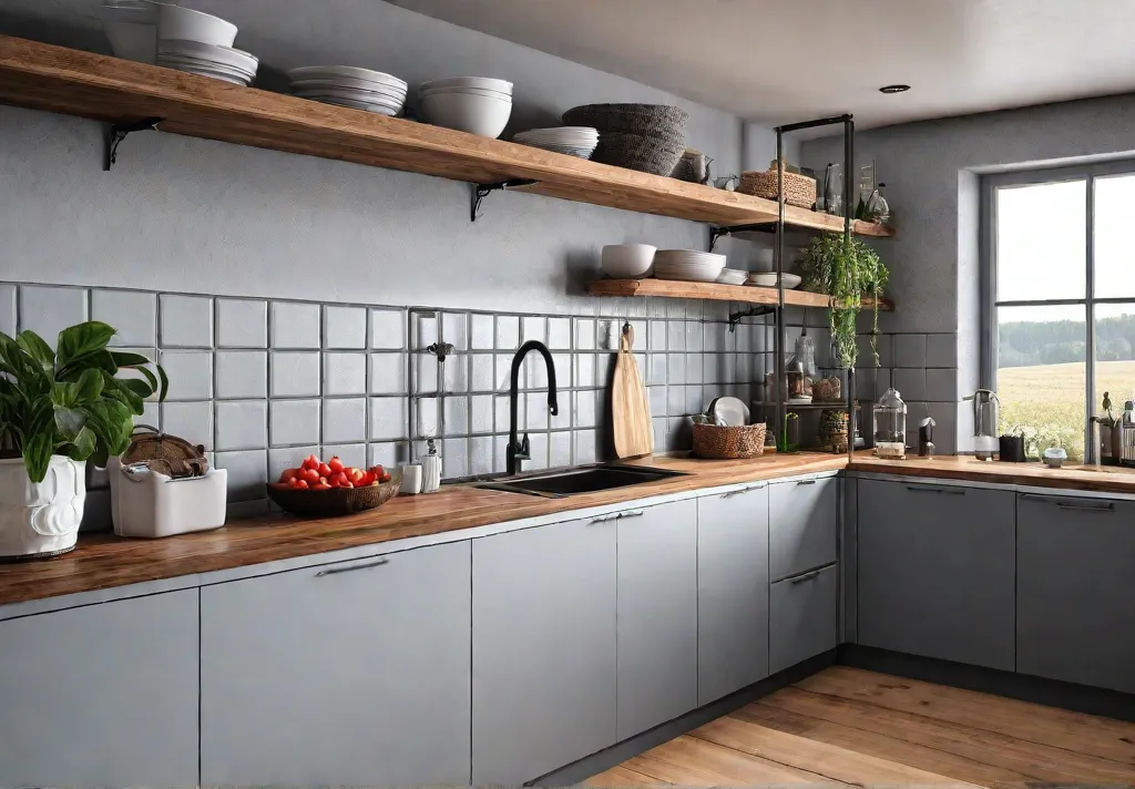 A cozy farmhousestyle kitchen featuring a white subway tile backsplash with darkfeat