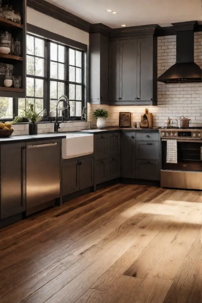 A cozy farmhousestyle kitchen with hardwood flooring shakerstyle cabinets and a warm