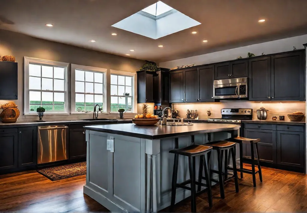 A cozy kitchen with a large pendant light hanging over a kitchenfeat