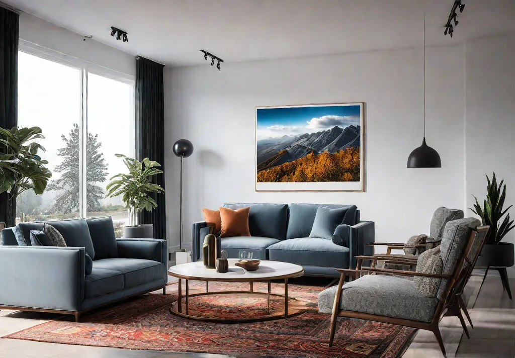 A cozy living room with a large abstract painting as the focalfeat