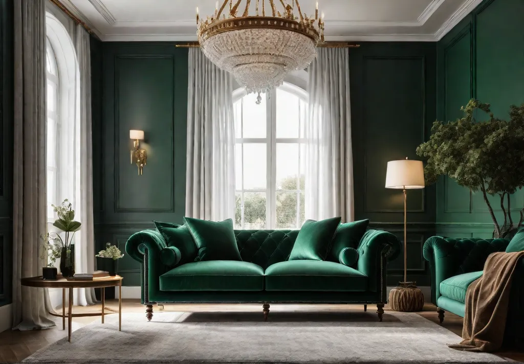 A cozy living room with plush velvet sofas in emerald green warmfeat