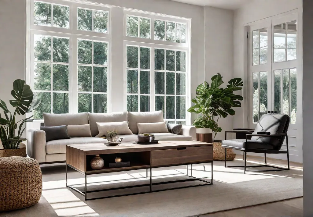 A cozy modern living room with a neutral color palette featuring afeat