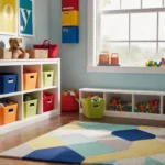 A cozy playroom corner with a low white bookshelf filled with colorfulfeat