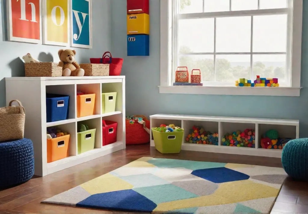 A cozy playroom corner with a low white bookshelf filled with colorfulfeat
