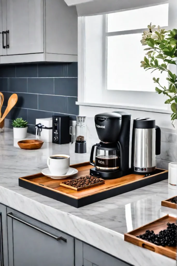 A dedicated coffee station in a kitchen with a coffee maker grinder