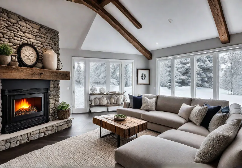 A farmhouse living room with exposed wood beams a large stone fireplacefeat