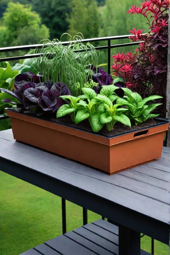 A flourishing container garden on a patio or balcony showcasing a variety