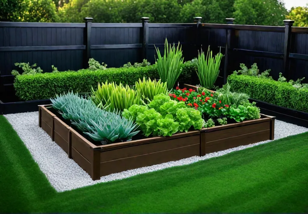 A flourishing vegetable garden with raised beds filled with lush plants surroundedfeat