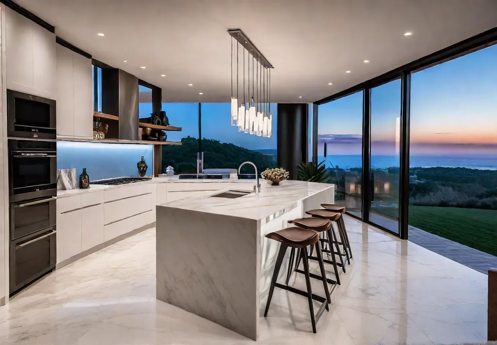 A grand kitchen with marble countertops wood cabinetry and stainless steel appliancesfeat