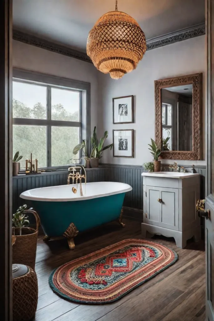 A harmonious farmhouse bathroom with shiplap walls a rustic vanity and a