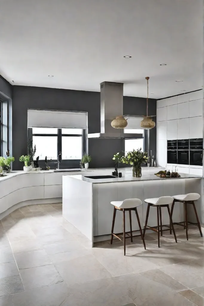 A kitchen featuring natural stone flooring exuding a sense of luxury and