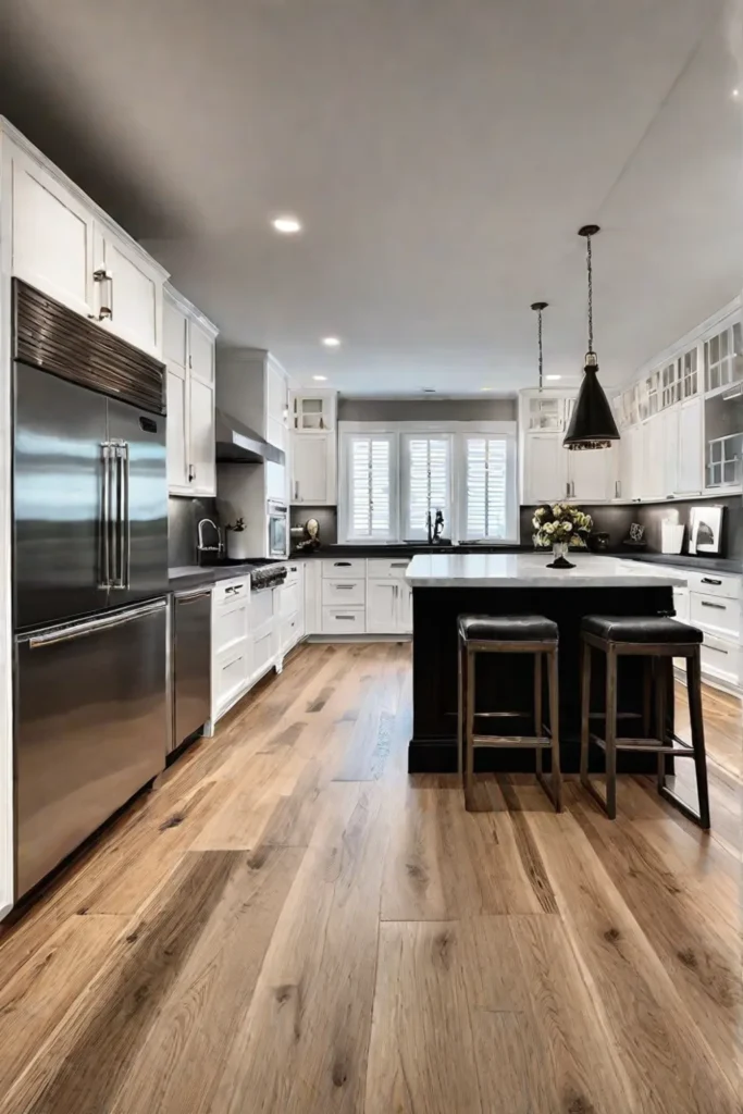 A kitchen featuring wideplank hardwood flooring enhancing the overall bright and inviting