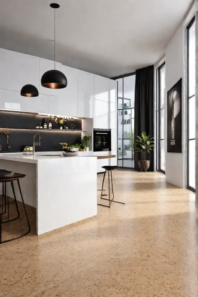 A kitchen interior with cork flooring in a distinctive pattern showcasing its