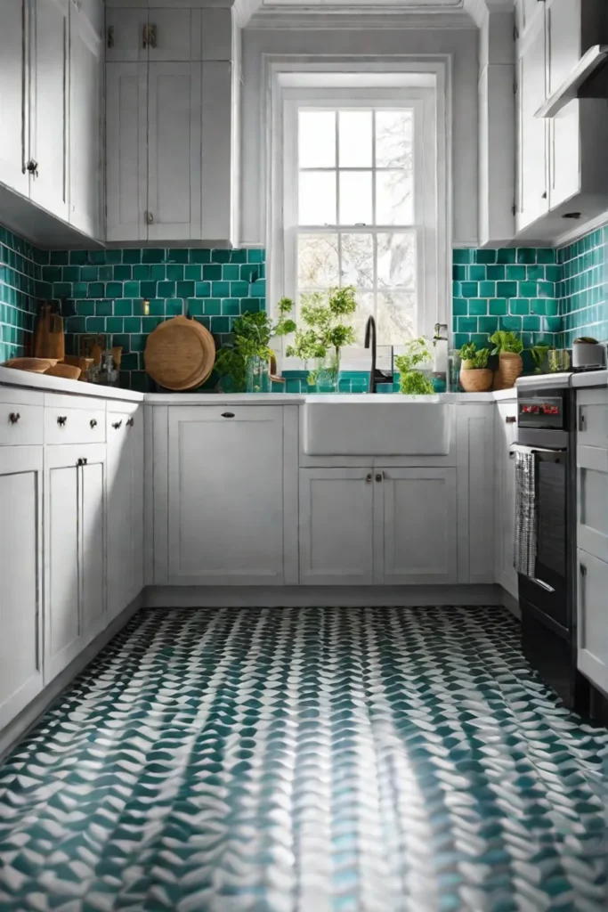 A kitchen interior with linoleum flooring in a bold and colorful pattern