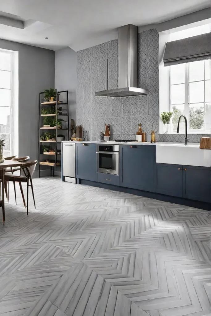 A kitchen interior with luxury vinyl tile flooring in a bold geometric