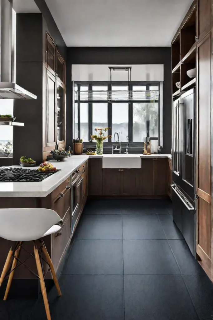 A kitchen interior with rubber flooring highlighting its practical and safetyconscious features