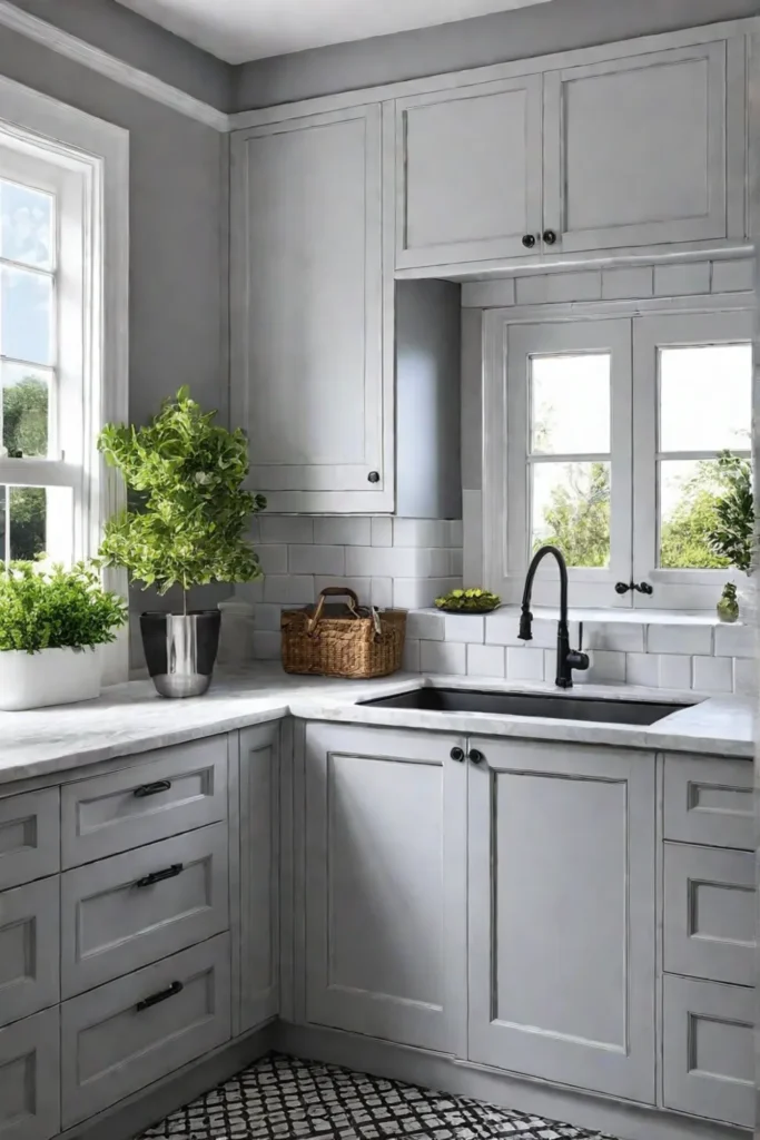 A kitchen interior with subway tile flooring creating a timeless and elegant