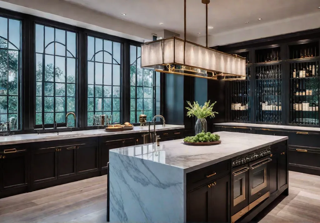 A kitchen island with a white marble countertop and a dark woodfeat 1