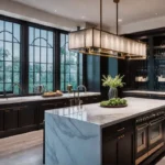 A kitchen island with a white marble countertop and a dark woodfeat