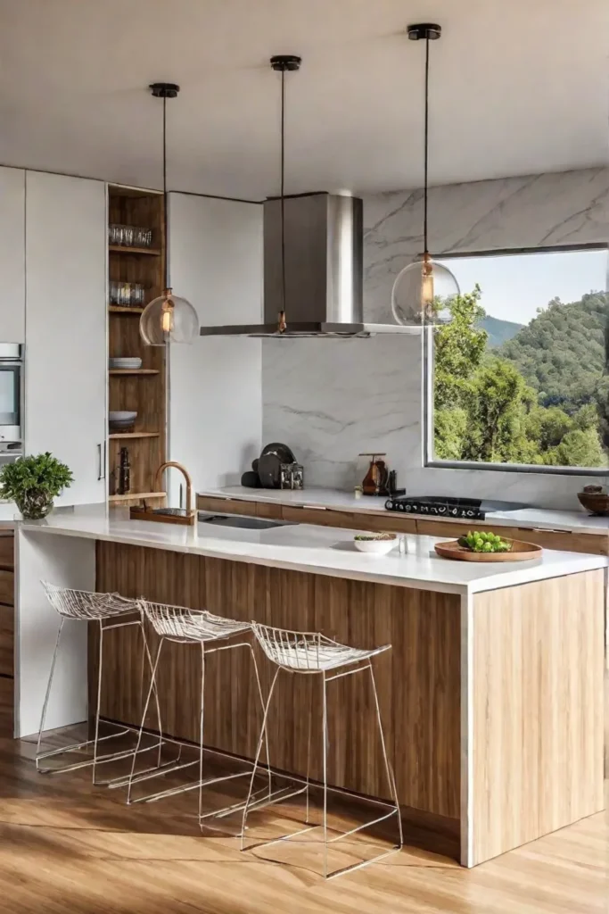 A kitchen space featuring a combination of bamboo flooring and wooden cabinetry