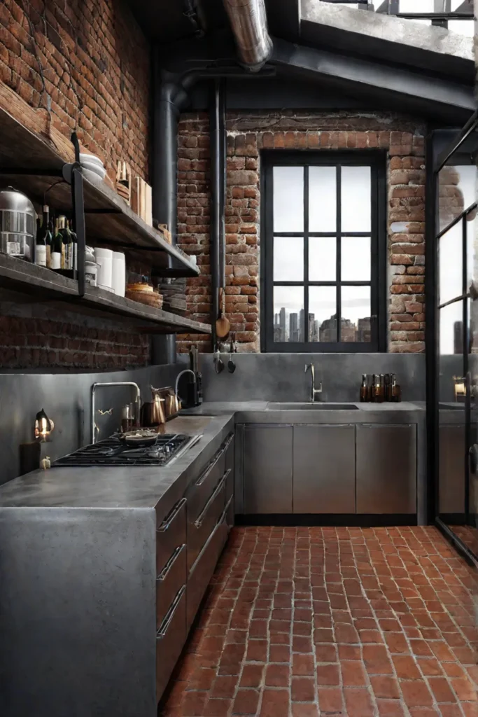 A kitchen space with smooth concrete flooring blending seamlessly with the industrialinspired