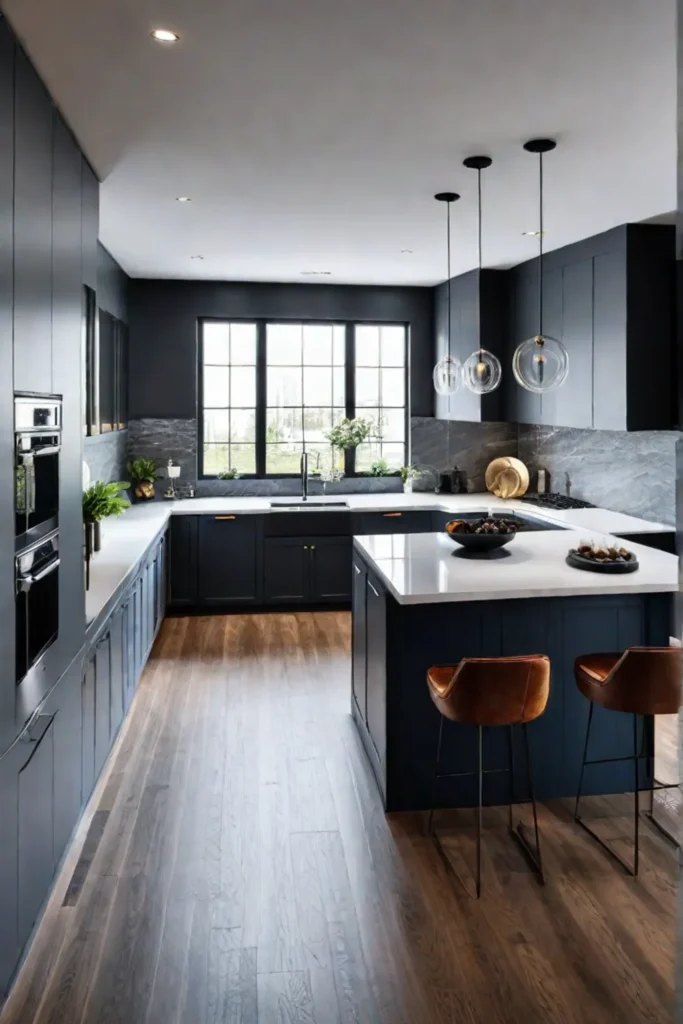 A kitchen with dark gray cabinets and a white countertop