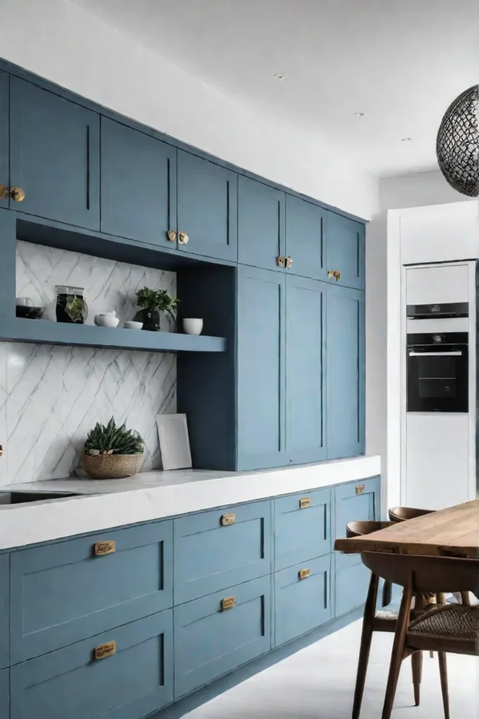 A kitchen with light blue cabinets and a white backsplash