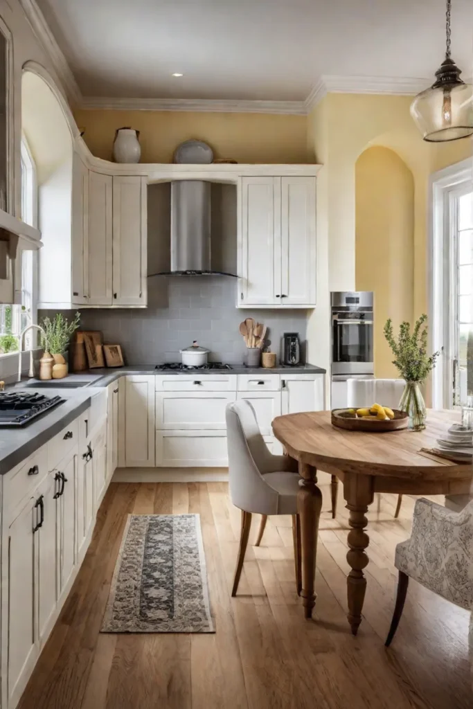 A kitchen with pale yellow walls and white cabinets